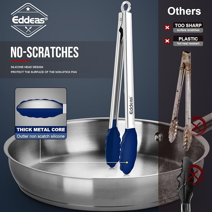 Tongs For Cooking - Silicone Metal Kitchen Tong 7" 9" & 12" Blue | 600°F Heat Resistant Silicone Tong, All Metal handle Locking Tongs with Silicone Tips, Heavy Duty Stainless steel - Image 3
