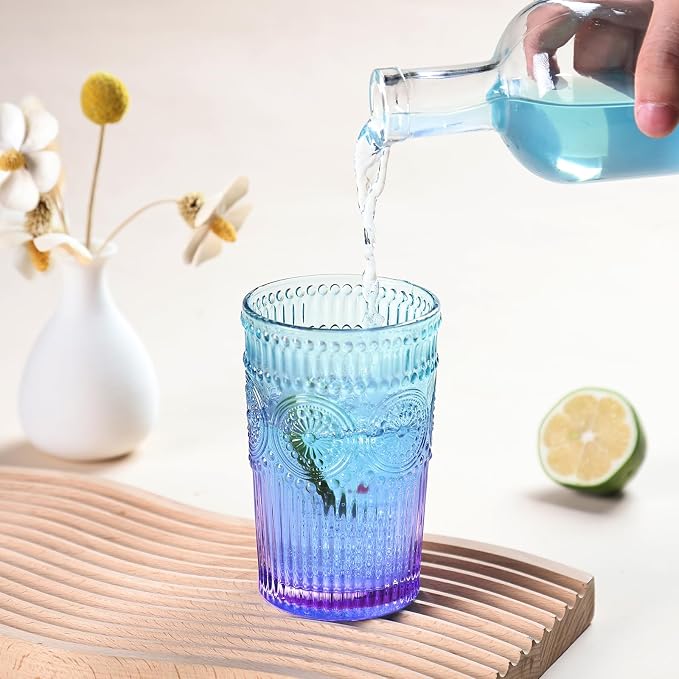 Loivttvv 6pcs Vintage Drinking Glasses Set, 12 oz Glass Cups, Embossed Ribbed Glassware Drinking Glasses for Cocktail, Water, Juice, Coffee, Whiskey - Image 3