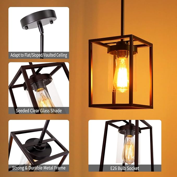 1-Light Oil Rubbed Bronze Pendant Light Fixture, with Clear Glass Shade | Farmhouse Iron Cage Metal, Lantern Pendant Light For Kitchen Island Entryway Dining Room Hallway - Image 5