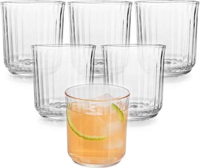 Libbey Paneled Double Old Fashioned Glasses, 11.2 Oz Fine Ribbed Line Whiskey Drinking Glasses, Dishwasher Safe Rocks Glass Set for Spirits, Cocktails by Libbey