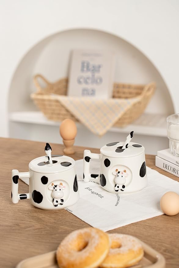 DIHOclub Adorable 3D Ceramic Cow Mug with Lid and Spoon - Perfect for Coffee, Tea, Milk, and More - Ideal Gift for Animal Lovers Gift for Mather- 14 Ounces(BLack white) - Image 8