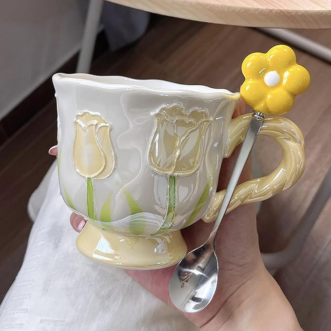 DTIUYIOP-Ceramic Coffee Mug 14oz/410ml Yellow Cute Flower with Spoon | novelty coffee mug, Tulip Shaped Floral,Girly Mug with Handle, Breakfast Milk Oatmeal Cup, cute mugs for women - Image 3