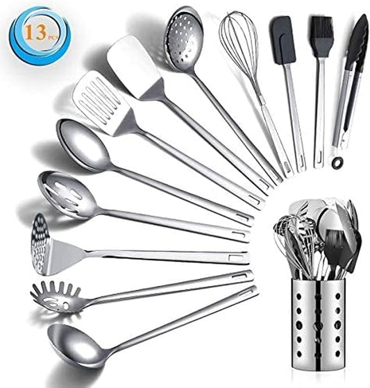Stainless Steel Cooking Utensils Set, Berglander 13 Pieces Kitchen Utensils Set, Kitchen Tools Set With Utensil Holder Non-Stick And Heat Resistant,Dishwasher Safe, Easy to Clean (13 Packs) by Berglander