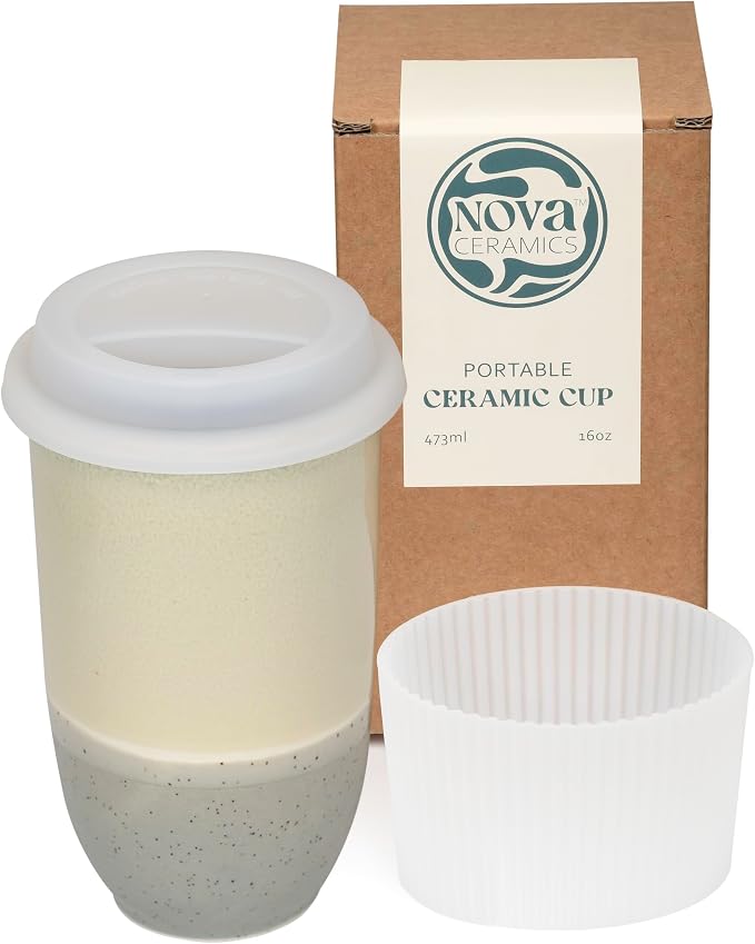 NOVA CERAMICS Travel Mug - Ceramic Coffee Mug With Lid – Microwave & Dishwasher Safe Coffee White & Grey Tumbler - Gifts For Women Men Him Her – 16oz – Mist by NovaCeramics