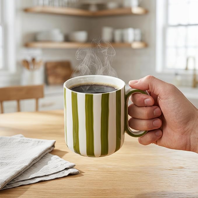 Ceramic Coffee Mugs Set of 4, 15 oz Stoneware Coffee Cups with Handle | Aesthetic Green Stripe Latte Tea Mug for Latte Tea Hot Chocolate, Microwave and Dishwasher Safe (15 oz) - Image 6