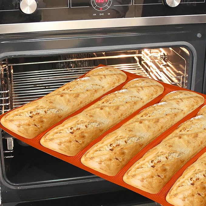 Silicone Perforated Baking Forms Sandwich Mold French Baguette Bread Pan Food Mat 5 Loaf Non-Stick Baking Liners (Orange)