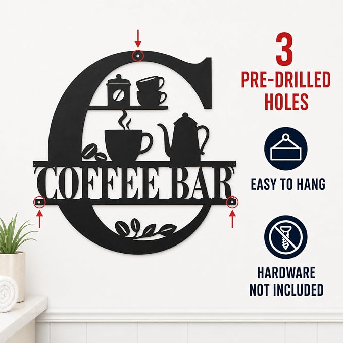Coffee Bar Metal Wall Decor, Farmhouse Kitchen Sign, 14 Inch | Matte black metal COFFEE BAR sign with pre-drilled holes for kitchens, coffee stations, cafés, and farmhouse wall decor. - Image 8