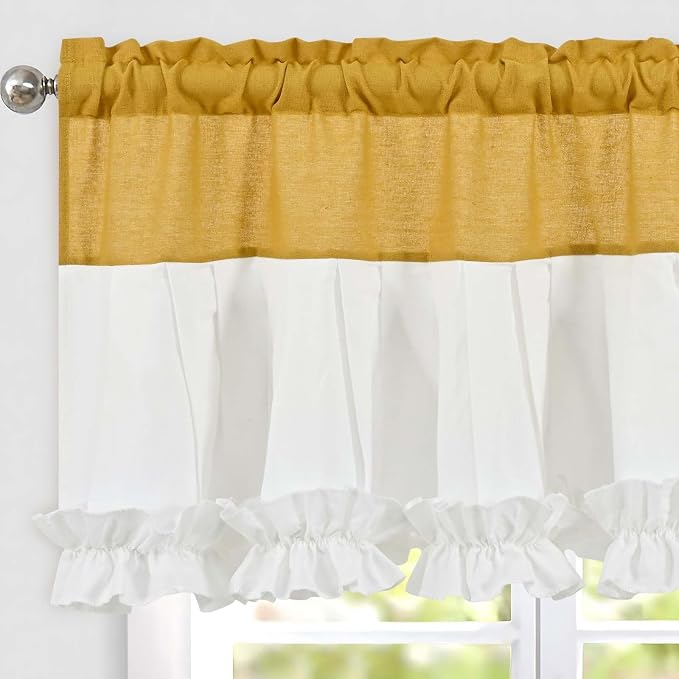 Likiyol Linen Valances for Windows Farmhouse Window Valances with Ruffle Rustic Country Light Filtering Kitchen Valance Curtains Rod Pocket Valance for Bathroom Cafe, Yellow White, 52" W X 18" L - Image 2