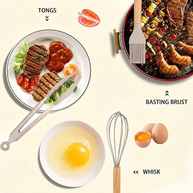 MIBOTE Silicone Cooking Kitchen Utensils Set, Wooden Handle, Khaki | BPA-Free, Non-Toxic Silicone Turner, Tongs, Spatula, Spoon Set – Great for Nonstick Cookware, Heat-Resistant, Easy Clean - Image 5