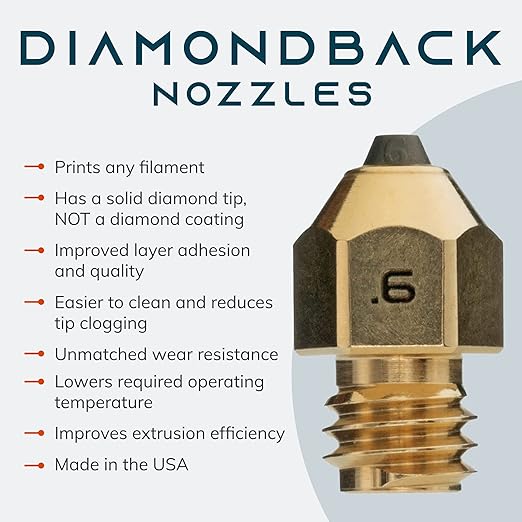 Diamondback Nozzles – MK8 Compatible – Polycrystalline Solid Diamond Tip 3D Printer Nozzles, Improved Extrusion, Any Filament, Long Life, Wear Resistant, Layer Adhesion, USA Made (0.6mm)