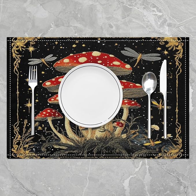 Feelyou Mushroom Decor Table Place Mats 18"x12" Longleg Mushroom Placemats Set of 4 Dragonfly Placemat for Kitchen Dining Table Decor Indoor Outdoor Botanical Theme Decor Table Place Mats - Image 2