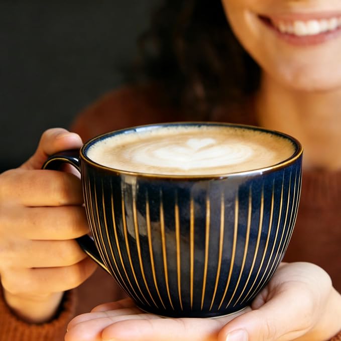 Ceramic Coffee Mugs with Handles, 24 oz Coffee Cups, Vertical Stripe Blue | Large Soup Bowl for Hot Chocolate, Cappuccino, Ramen, Oatmeal, Soup Mugs with Handles, Microwave & Dishwasher Safe - Image 2