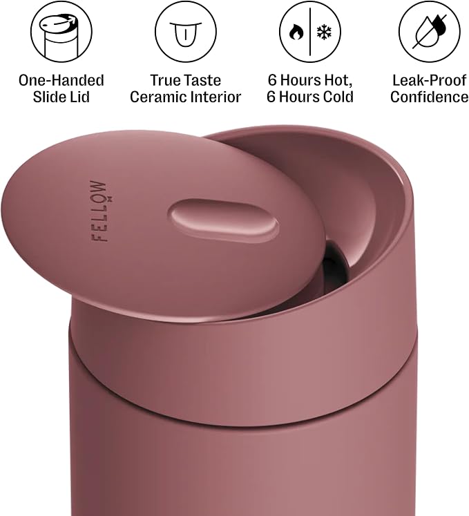 Fellow Carter Slide Ceramic Lined Travel Coffee Mug 12 oz, One-Handed Lid | No Metallic Taste Stainless Steel Coffee Tumbler, Leak-Proof, Hot 6Hr Cold 6Hr, BPA-Free, Dishwasher Safe, Desert Rose - Image 2