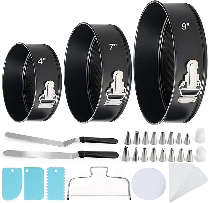 WERTIOO 138pcs Springform Cake Pan Sets for Baking with Cake Decorating Kit, 3 Round Non-Stick Springform Pan Set (4, 7, 9 inches), Leak-Proof Cheesecake Pan with Icing Tips, Cake Leveler & eBook
