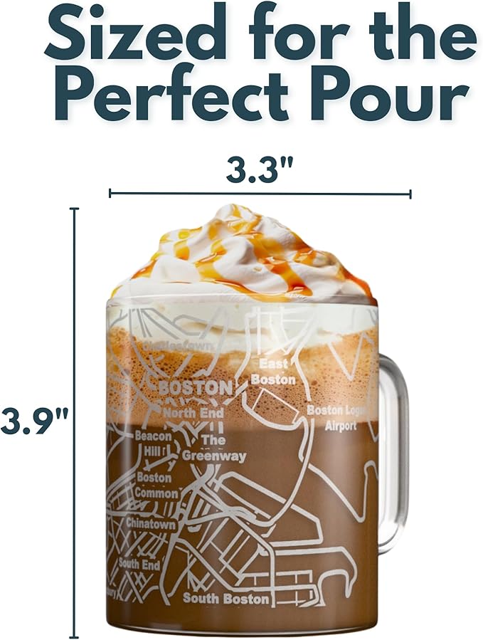 Greenline Goods – Boston, MA Map Glass Coffee Mugs (Set of 2), 16 oz – Etched Wrap Design