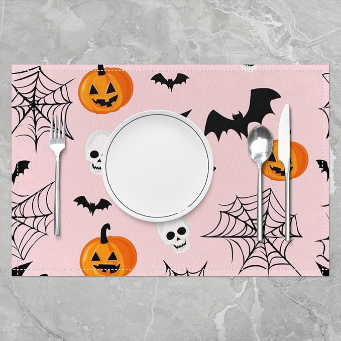 Feelyou Happy Halloween Placemats Set of 4 Pumpkin Lantern Skull Table Mats for Party Kitchen Dining Decoration Holiday Seasonal Pink Orange White Place Mat for Dinner Table Indoor Outdoor 18"x12" - Image 2