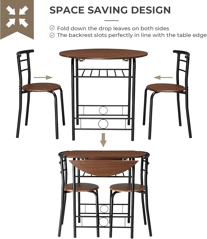 VINGLI 31.5" Drop Leaf Dining Table Set for 2, 3 Pieces Dining Table with Chair for Small Space, Small Kitchen Extendable Folding Dining Table for Dining Room，Home, Apartment, Saving Places, Walnut - Image 6