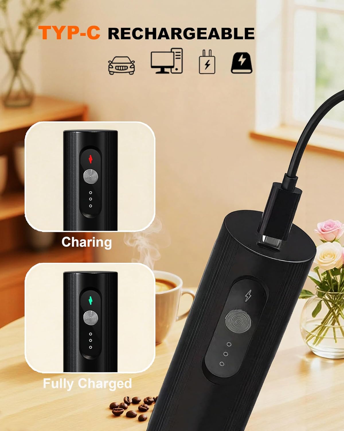 Rechargeable 3-Speed Milk Frother Wand (Black)