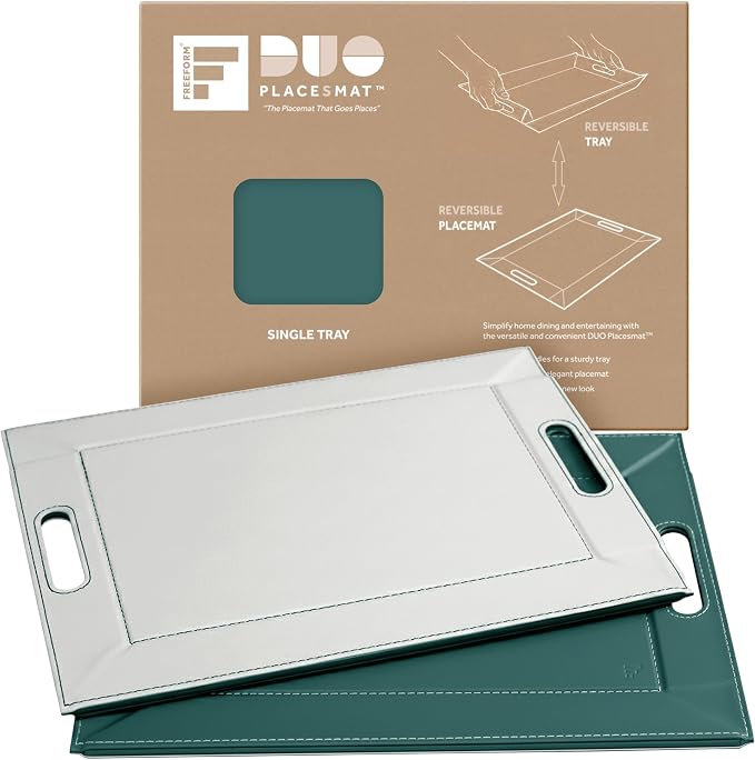 FREEFORM PLACEsMAT 2-in-1 Faux Leather Placemat & Serving Tray | Reversible Design, Lays Flat & Easy to Clean | Ottoman Food Tray, Perfect Housewarming Gift, 18” x 14” (Soft Teal & White, Single) by FREEFORM