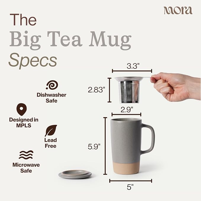 MORA Ceramics Large Tea Mug with Loose Leaf Infuser and Ceramic Lid, 18 oz, Portable, Microwave, Dishwasher Safe, Tall Coffee Cup - Rustic Matte Ceramic Glaze, Modern Herbal Tea Strainer, Peppercorn - Image 2