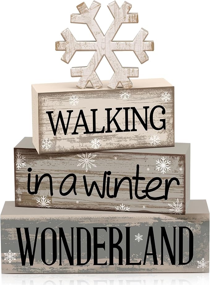 Moucuny 4 Pcs Christmas Table Decorations Wooden Snowflake Decor Winter Tiered Tray Decor Rustic Snow Signs Block Gift Farmhouse Christmas Centerpiece for Wonderland Party Kitchen Shelf Home by Moucuny