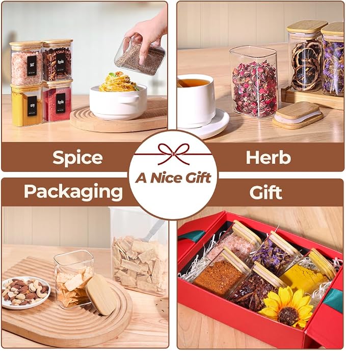 ComSaf Spice Jars 8oz Set of 6, Small Seasoning Containers with 9 Labels | Small Glass Jars With Labels, Empty Rectangle Canisters, Spice Rack Organization, Loose Tea, Herb, Powder, Dry Good, BPA Free - Image 3