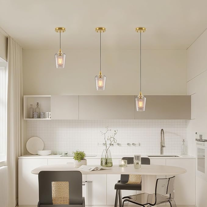 Ralbay Farmhouse Brushed Gold Pendant Light 3-Pack, Pendant Light Fixtures with Wine Clear Glass Shade, Kitchen Island Lighting for Dining Room, Rustic Adjustable Hanging Lighting Fixture - Image 3