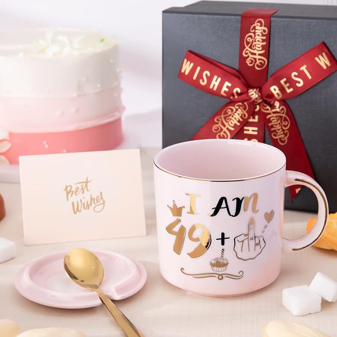 Funny 50th Birthday Gifts for Women, 14oz Pink Mug with 49+1 Hand Design | Marble Ceramic Coffee Cup with Gold Print, Elegant Turning 50 Gift for Her, with Lid, Spoon, Greeting Card, Nice Gift Box - Image 6