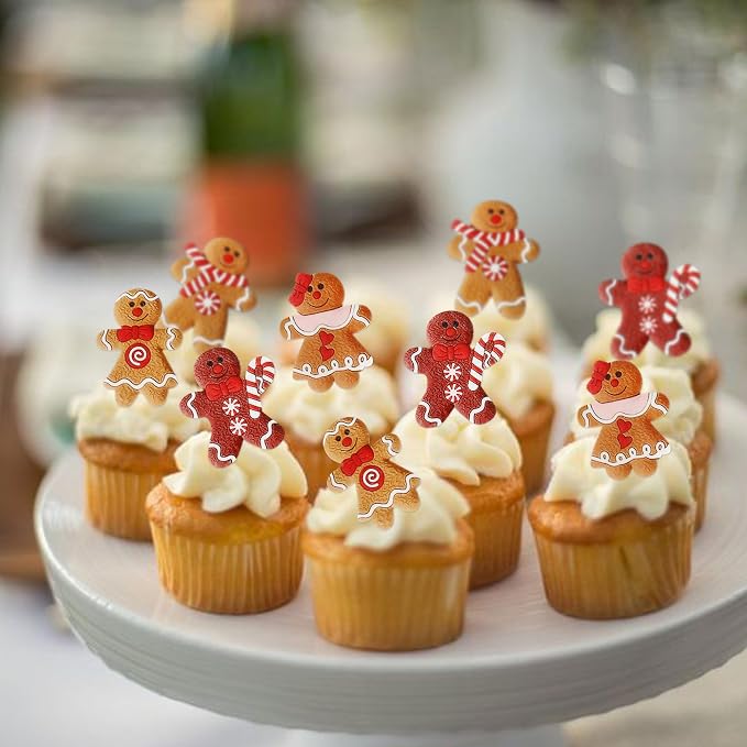 40PCS Edible Merry Christmas Cupcake Toppers - Wafer Paper Gingerbread Man Cupcake Toppers Decorations for Christmas Theme New Year Holiday Party Cake Decorations Supplies - Image 3