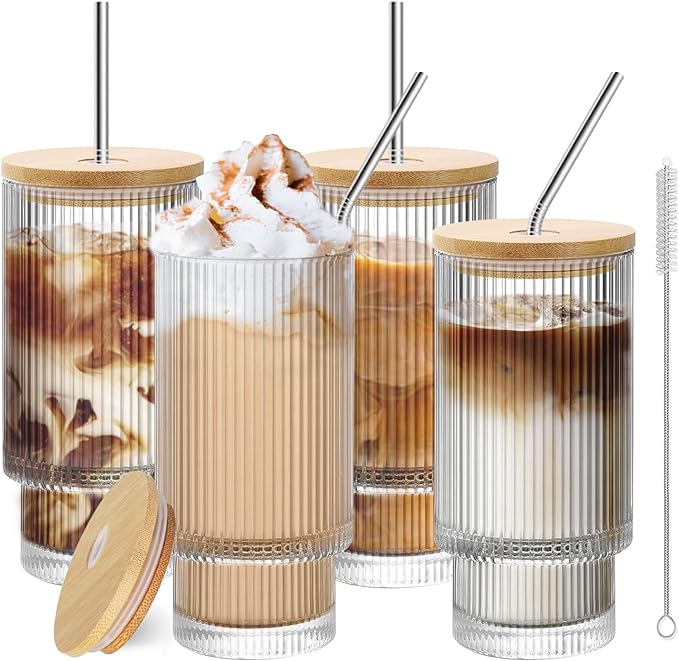 16oz Glass Cups with Lids and Straws - 4 Pack Iced Coffee Cups, Clear Tumbler with Bamboo Lid & Straw, Reusable Ribbed Glassware for Matcha, Smoothie, Cocktail,Juice