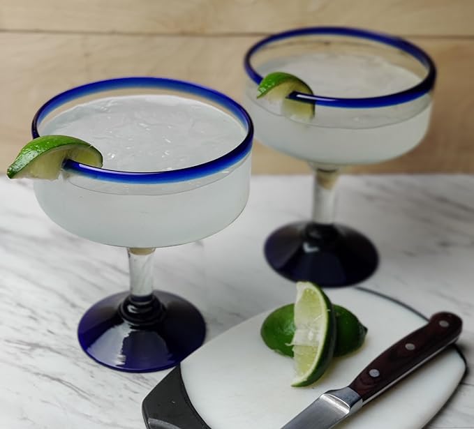 Dos Sueños Mexican Hand Blown Glass - Set of 4 Hand Blown Margarita Glasses - Cobalt Blue Rim (16 oz) - Image 3