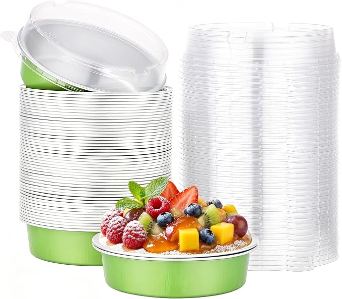 Beasea 4 Inch Pie Pans with Lids, 50 Pack 7.3 Oz Disposable Aluminum Mini Tart Pans, 215ml Foil Baking Cups Small Round Muffin Container Mini Cheesecake Tins for Pie Tart Quiche - Matcha Green by Beasea