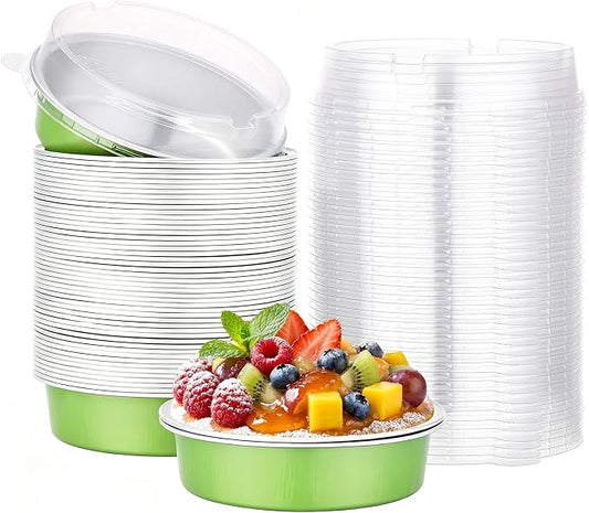Beasea 4 Inch Pie Pans with Lids, 50 Pack 7.3 Oz Disposable Aluminum Mini Tart Pans, 215ml Foil Baking Cups Small Round Muffin Container Mini Cheesecake Tins for Pie Tart Quiche - Matcha Green by Beasea
