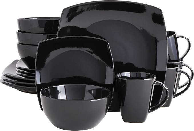 Gibson Elite Soho Lounge Square Reactive Glaze Stoneware Dinnerware Set, Service for 4 (16pc), Black by GibsonHomewares
