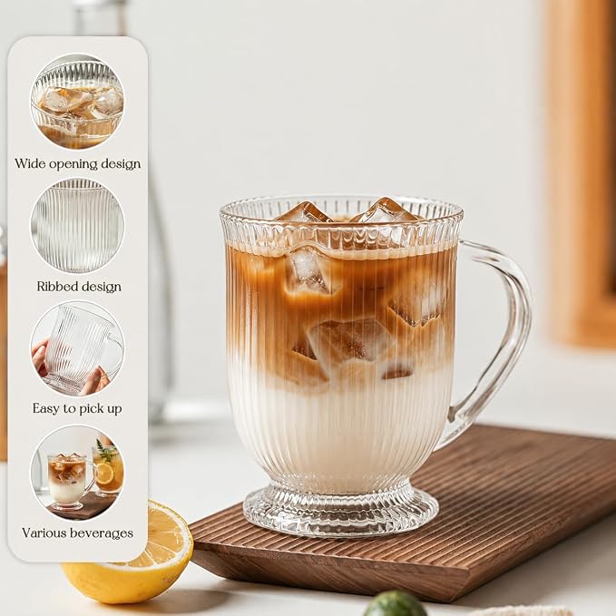 KEMORELA Ribbed Glass Coffee Mug Set, 16oz Clear Glass Mugs with Handle, Bar Accessories, Durable Drinkware for Hot Beverages, Set of 2 Coffee Mugs - Image 5