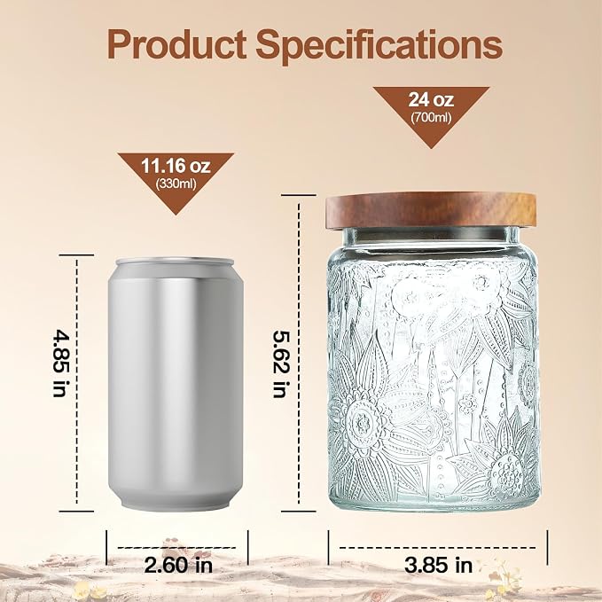 24 OZ Vintage Glass Jar with Lid, Airtight Food Storage Canisters with Bamboo for Kitchen Counter Pantry, Ideal for Coffee, Candy, Tea, Oats, Sugar, Cookies Decorative Jars-Sunflower - Image 2