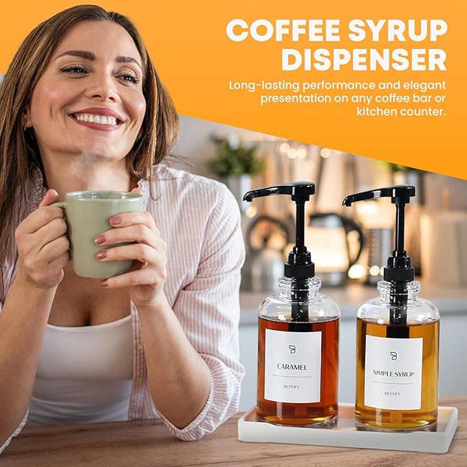 BEYTIFY Coffee Syrup Dispenser Set | Glass Syrup Bottles with Pump Tops & 12 Labels | Refillable Leak-Proof Dispensers for Coffee Bar, Vanilla Caramel Hazelnut Syrups | Clear Glass, 2 Pack (16.9oz/500ml)