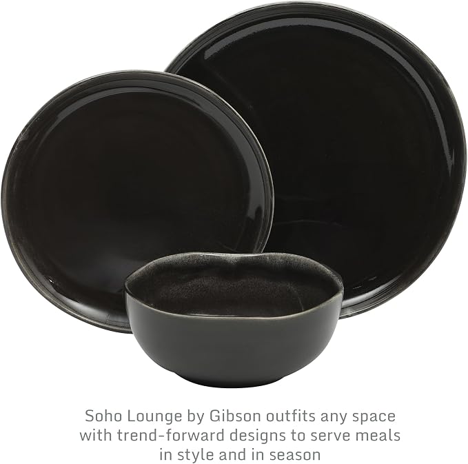 Gibson Elite Nardini 12 Piece (Service for 4) Plates and Bowls Reactive Glaze Dishes Stoneware Ceramic Dinnerware Set - Black - Image 3