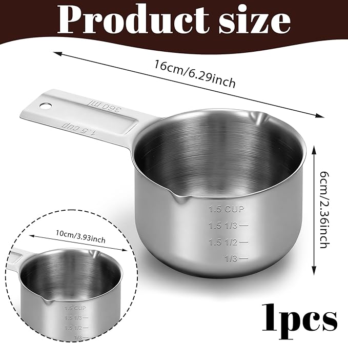 1Pcs 1-1/2Cup (360ml, 12oz) Single Measuring Cup Rice Measuring Cups Stainless Steel Measure Scoop Metal Measure Scoop Metric and US Measurement for Cooking Baking and Coffee Dishwasher Safe
