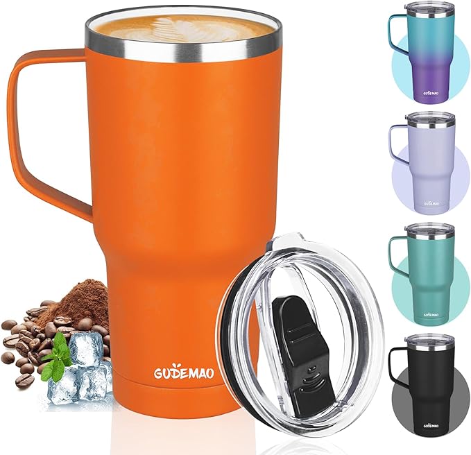 20 oz Insulated Coffee Mug with Ceramic Coating, Stainless Steel Travel Mug Tumbler with Handle Lid and Straw, Double Wall Leak-Proof Coffee Travel Mug Keeps Drink Hot and Cold (Orange) by GUDEMAO