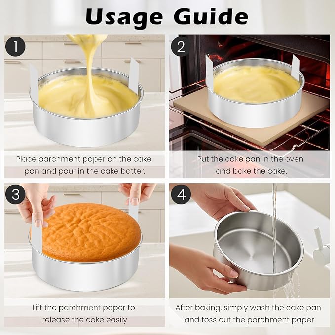 6 Inch Cake Pan - 3PCS Stainless Steel Smash Cake Baking Pans Tins with 100 PCS Parchment Paper, Round Bakeware for Party Birthday Wedding, Mirror Finish & Dishwasher Safe - Image 6