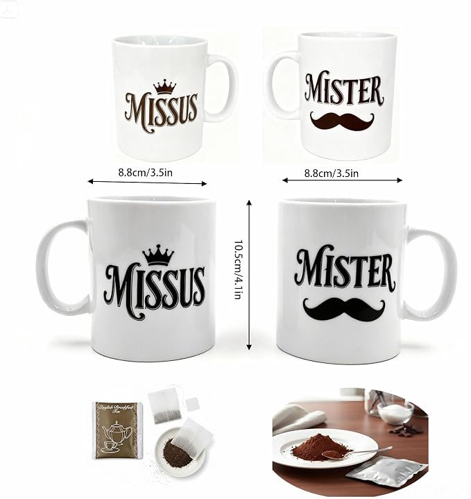 Porcelain Engagement Gifts For Couples, 11OZ Mister and Missus Mug Set of 2,Wedding Gifts for Couple, Bride and Groom Newlywed Bridal Shower, His Hers, Mr and Mrs, Christmas Day, Valentines - Image 3