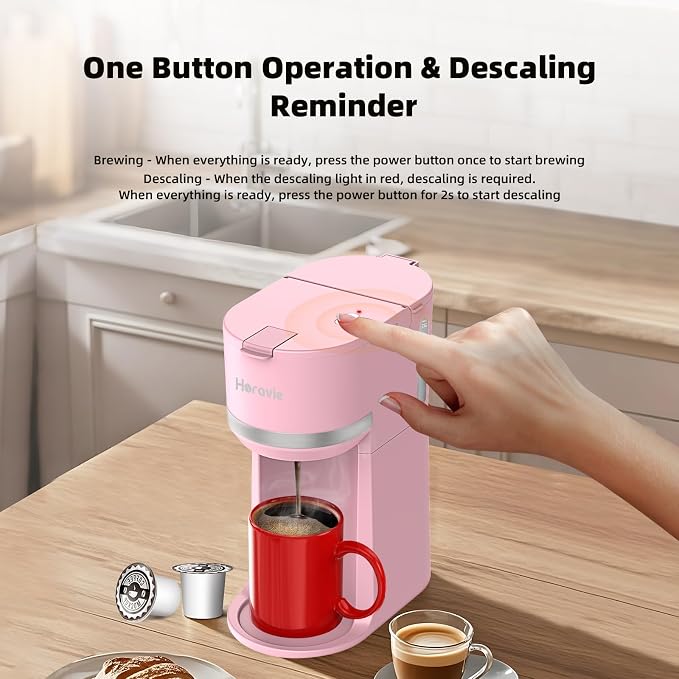 Horavie Mini Single Serve Coffee Maker for K-Cup Pod and Grounds, Fast Brew One Cup Coffee Machine with Descaling Reminder and Water Window, 6 to 12 oz. Brew Sizes, Pink - Image 4