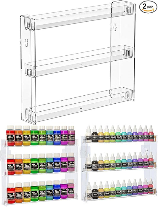 2Pack 3 Tier Display Rack, Clear Paint Rack Wall-Mount (No Drill), Acrylic Craft Paint Storage Organizer, Miniature Holder for 2oz Bottle, Nail Polish Organizer, Badges, Mini Figures (2)