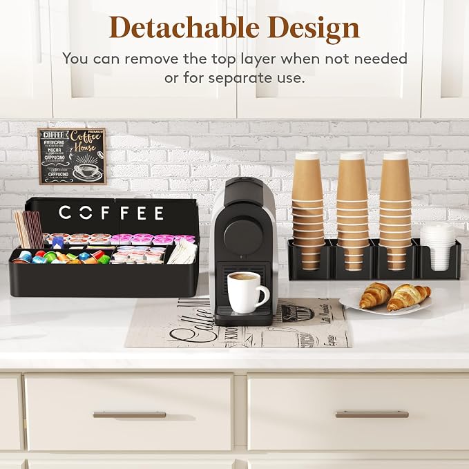Lifewit 2-tier Coffee Station Organizer Caddy for Countertop, 11 Compartments Coffee Bar Organizers for Cups, Pods, Sugar, Compact Condiment Holders Storage for Office Breakroom Kitchen Home Black - Image 6