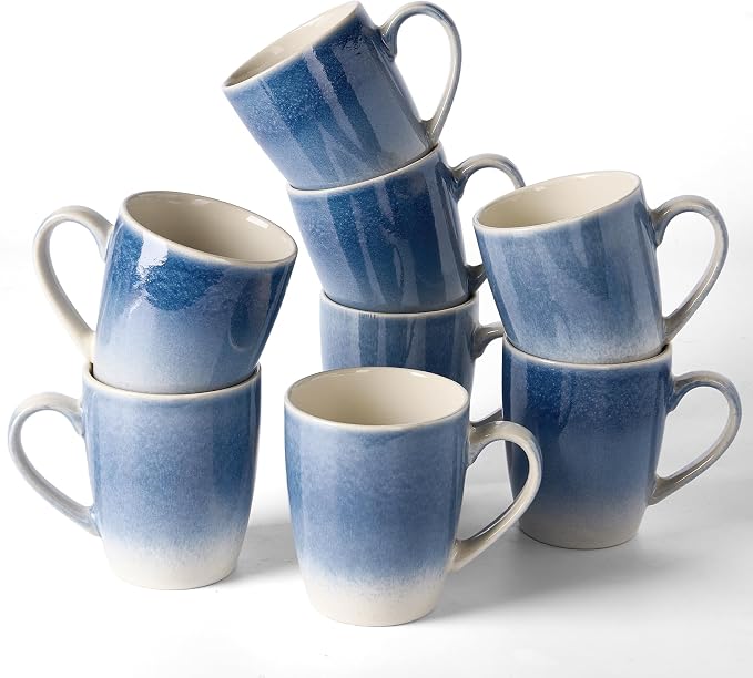 famiware Coffee Mugs Set, 13 oz Mug Set of 8, Stoneware Cups for Latte, Hot Tea, Mocha, Cocoa, Cappuccino, Microwave and Dishwasher Safe, Glacier Series, Azure Blue by Famiware