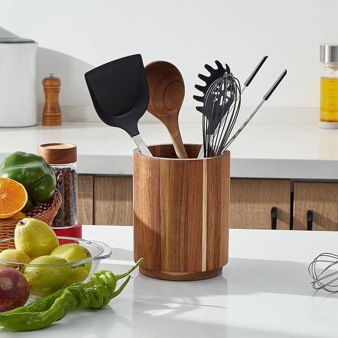 Acacia Wood Utensil Holder, 360° Rotating, Large Countertop Organizer, Farmhouse Kitchen Decor - Image 3
