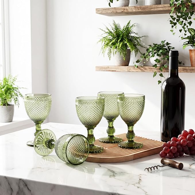 Bokon 12 Pack Green Glass Goblets Set 10 oz High Clear Wine Glass Vintage Water Goblets Cups Embossed Diamond Design Glassware with Stem for Drinking Juice Liquor Party Wedding Bar - Image 3