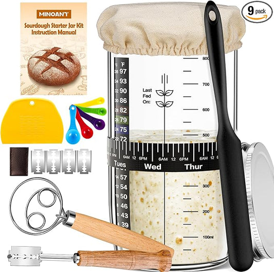 Glass Sourdough Starter Kit with Cloth Cover & Metal Lid, Tracker Band, Thermometer, Jar Scraper, Lame, Dough Whisk, Bread Baking Supplies