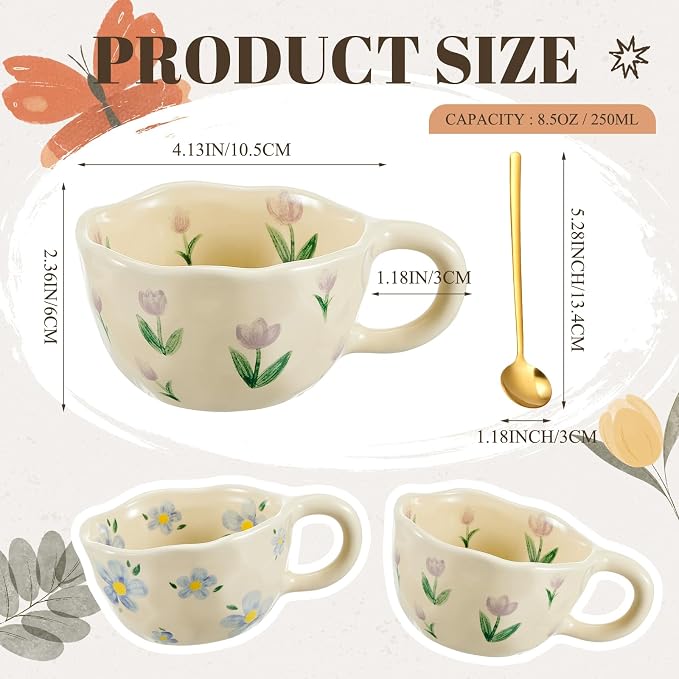 Vesici 2 Pcs Ceramic Coffee Mugs with Spoon, Vintage Floral Spring Mugs with Handle, 8.5 oz Aesthetic Flower Porcelain Tea Cup Set, Dishwasher & Microwave Safe Mothers Day Gifts for Mom(Vibrant) - Image 2